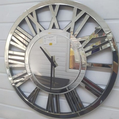 Biznest 60Cm Round Mirrored Wall Clock Large Roman Numeral Silver Finish Modern Decorative from B&Q