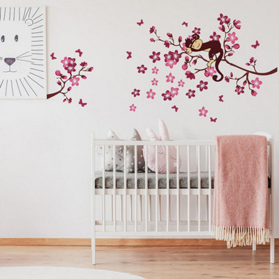 Walplus Pink Monkey Blossom Wall Stickers Art Mural Children Kids Girl Nursery Kids Sticker Pvc Brown,purple,pink