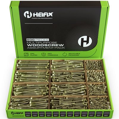  - Heifix 800-Piece Wood Screw Assortment Set In Eco Storage BoxFree Screw Bit IncludedDouble CountersunkPoziHeavy Duty