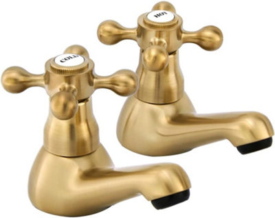 Bathwest Victorian Gold Basin Taps Pair1/4 Turn Brushed Golden Brass Traditional Pillar Taps from B&Q