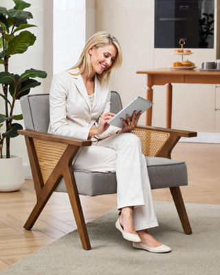 B&Q Linen Accent Chairs Modern Armchair With Wood Legs For Living Room, Bedroom, Waiting Room