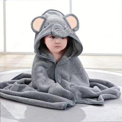 Dyzi Grey Baby Hooded Towel Ultra Soft & Absorbent Animal Cartoon Bath Towel For Kids from B&Q