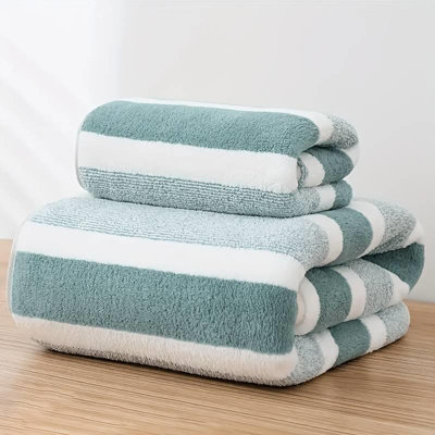 Dyzi White Green Ultra Absorbent Striped Towel Set Quick Dry Hand Bath Towels For Home & Outdoor from B&Q