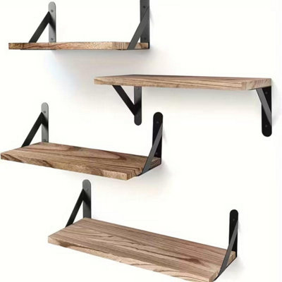 B&Q -  Set Of 4 Rustic Wooden Floating Wall Shelves With Metal Brackets 42Cm