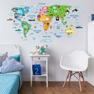 Walplus Nursery Map World Educational Mural Wall Sticker Decal Decoration 200Cm X 100Cm Kids Sticker Pvc Multicoloured from B&Q