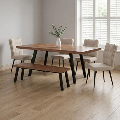 6-Piece Dining SetExpandable Dining Table With 4 Beige Padded Chairs+Bench from B&Q