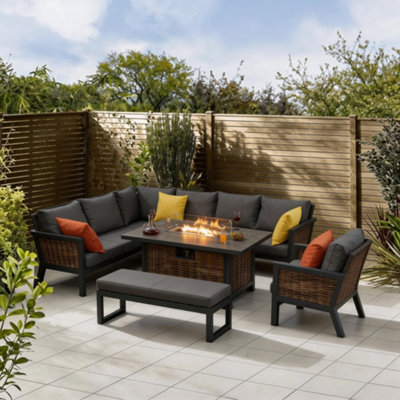 9 Seater Aluminium Rattan Patio Corner Sofa Set With Firepit Table from B&Q