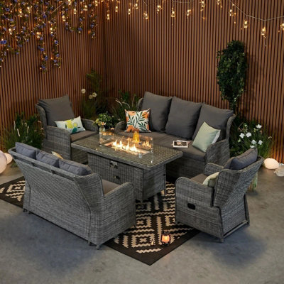 Paddded Rattan Garden Furniture With Fire Pit Table- 8 Seater