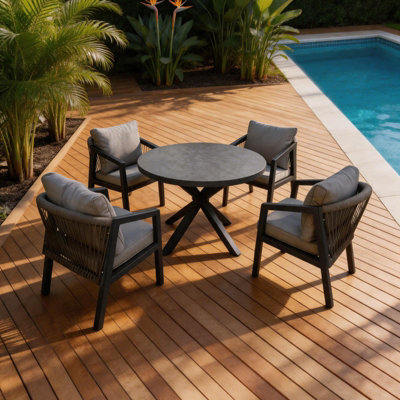  - 4 Seater Aluminium Garden Dining Set120Cm Round Table + 4 Armchairs-Gray