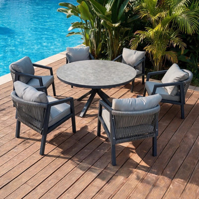  - 6 Seater Aluminium Garden Dining Set145 Cm Round Table And 6 Armchairs-Gray