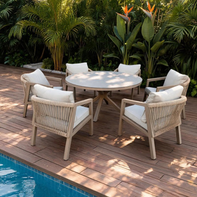  - 6 Seater Aluminium Garden Dining Set145 Cm Round Table And 6 Armchairs-Beige