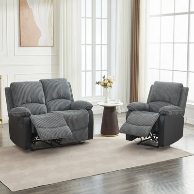 B&Q Gray Manual Reclining Sofa Set, Corduroy Fabric Recliner Sectional Sofa Suite - 1+2 Sofa Set Size 1
