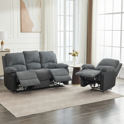 B&Q Gray Manual Reclining Sofa Set, Corduroy Fabric Recliner Sectional Sofa Suite - 1+3 Sofa Set Size 1