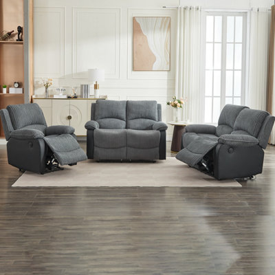 B&Q Gray Electric Reclining Sofa Set, Corduroy Fabric Recliner Sectional Sofa Suite - 1+2+2 Sofa Set Size 1