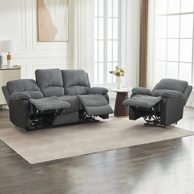 B&Q Gray Electric Reclining Sofa Set, Corduroy Fabric Recliner Sectional Sofa Suite - 1+3 Sofa Set Size 1