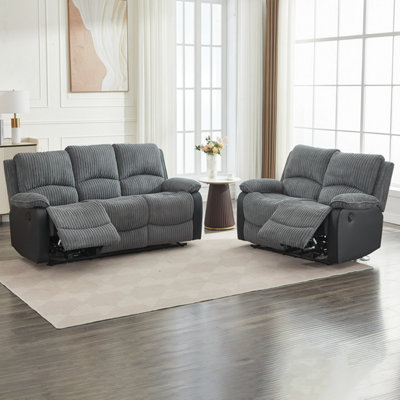 B&Q Gray Electric Reclining Sofa Set, Corduroy Fabric Recliner Sectional Sofa Suite - 2+3 Sofa Set Size 2
