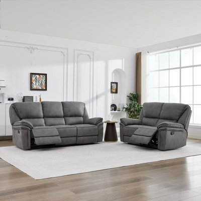 Manual Reclining Leathaire Sofa Suite,light Gray2+3 Seater from B&Q