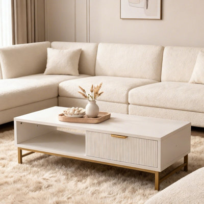  - Modern White Coffee TableWith Drawer And Open Shelf
