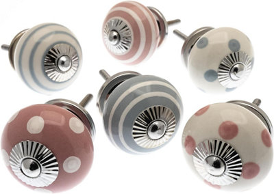 Mango Tree Cupboard Knobs Decorative Pastel Pink And GreyWhite With DotsSpots And Stripes Ceramic Door And Drawer Handles Set Of 6