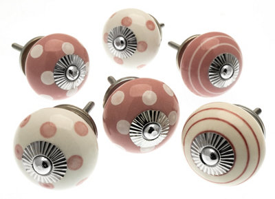 Mango Tree Cupboard Knobs Decorative Pastel Pink And White With DotsSpots And Stripes Ceramic Door And Drawer Handles Set Of 6