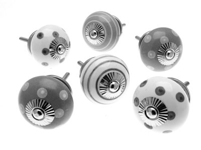 Mango Tree Cupboard Knobs Decorative Whisper Grey And White With DotsSpots And Stripes Ceramic Door And Drawer Handles Set Of 6
