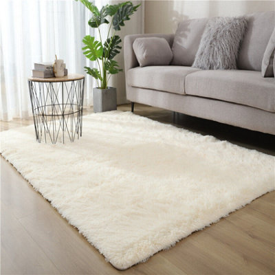 Fluffy Soft Beige Carpet Large Shaggy Rug Anti-Slip Bedroom Living Room Floor Mats 120X160Cm from B&Q