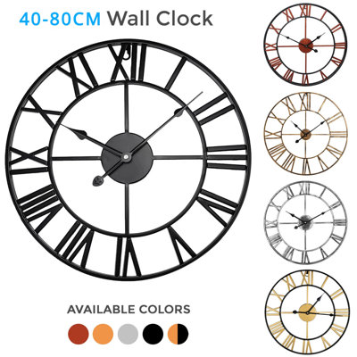 Large Skeleton Metal Roman Wall Clock Big Numerals Giant Round Open Face Clocks Black 40Cm from B&Q