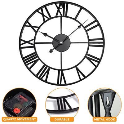  - Giant 80Cm Black Skeleton Metal Wall Clock With Silent Quartz Movement & Roman Numerals Industrial Open Face Design