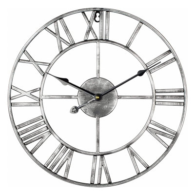 Large Skeleton Metal Roman Wall Clock Big Numerals Giant Round Open Face Clocks Sliver 40Cm from B&Q