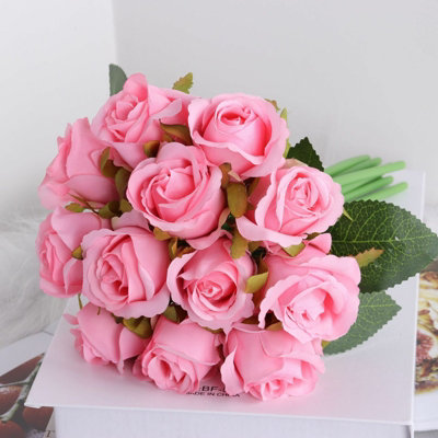 Lifelike 12-Head Pink Artificial Rose Flower Bouquet For WeddingHome & Event Decor from B&Q
