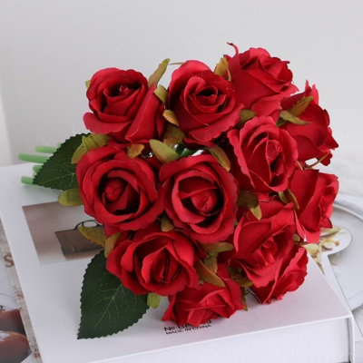 Lifelike 12-Head Red Silk Rose Artificial Flower Bouquet For Home & Wedding Decor from B&Q