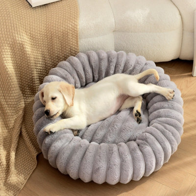 Grey Fluffy Donut Dog Bed Round Calming Pet Cushion Soft Plush Puppy Bed Cats & Dogs 40Cm Diameter from B&Q
