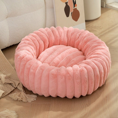 Pink Fluffy Donut Dog Bed Round Calming Pet Cushion Soft Plush Puppy Bed Cats & Dogs 70Cm Diameter from B&Q