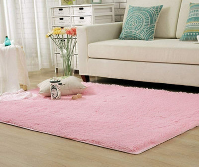 Fluffy Soft Carpet Large Rug Anti-Slip Bedroom Living Room Floor Mats Pure Pink 80X160Cm from B&Q