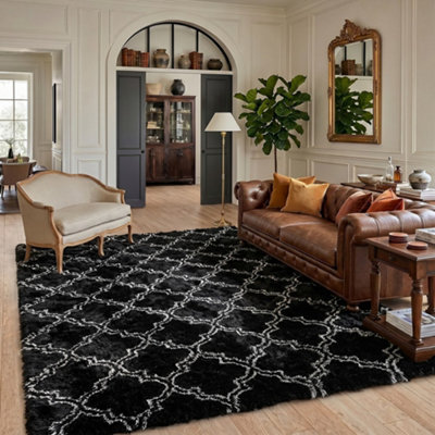 Fluffy Soft Carpet Large Shaggy Rug Anti-Slip Bedroom Living Room Floor Mats Geometric Moroccan 60X120Cm from B&Q
