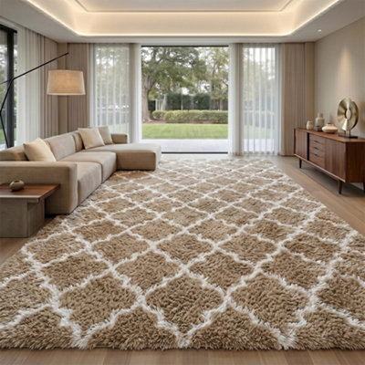 Fluffy Soft Carpet Large Shaggy Rug Anti-Slip Bedroom Living Room Floor Mats Khaki Geometric Moroccan 200X300Cm from B&Q