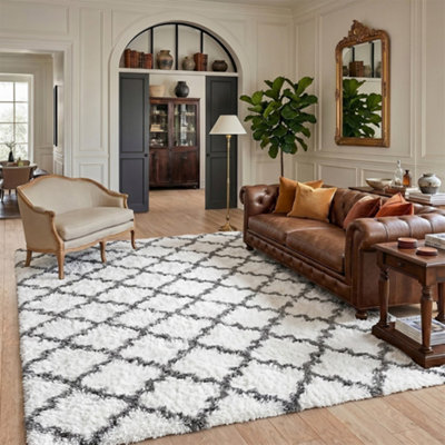 Fluffy Soft Carpet Large Shaggy Rug Anti-Slip Bedroom Living Room Floor Mats White Geometric Moroccan 200X300Cm from B&Q