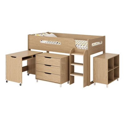 Kidsaw Mid Sleeper With Desk, Bookcase And Drawers 04 Oak