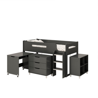 Kidsaw Anthracite Mid Sleeper With Desk, Bookcase And Drawers Size 05 B&Q