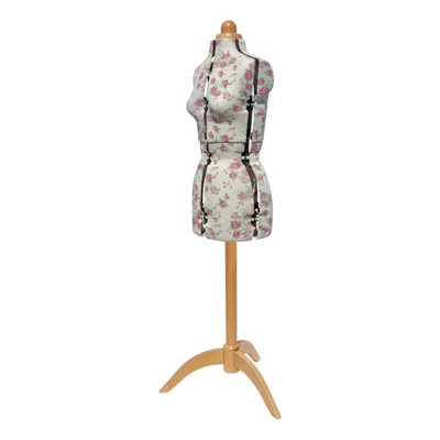Sewing Online Adjustable Dressmakers Dummy - Wooden Stand Small 10-16 Rosebuds Cream/Pink