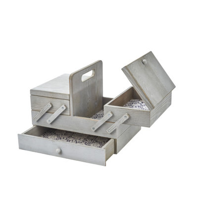 Sewing Online Medium Wooden Cantilever Sewing Box Grey With Lace Inspired Design Interior from B&Q