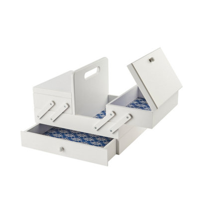 Sewing Online Medium Wooden Cantilever Sewing Box White With Geometric Design Interior from B&Q