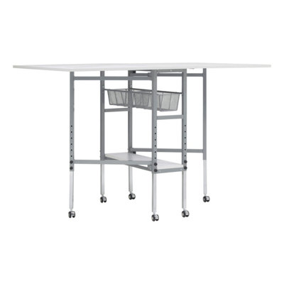 Adjustable Fabric Cutting Table with Grid & Storage Silver/White 149x91x77-100cm - Image 3