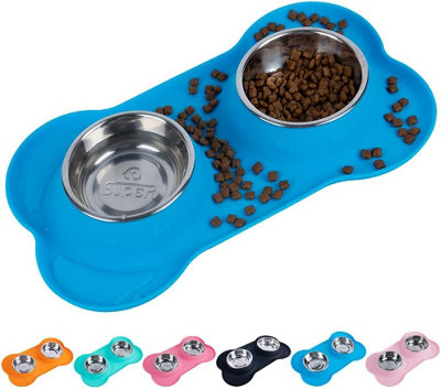 Super Design Pet Dog Puppy Double Feeding Bowl Station Mat Silicon Blue Small from B&Q
