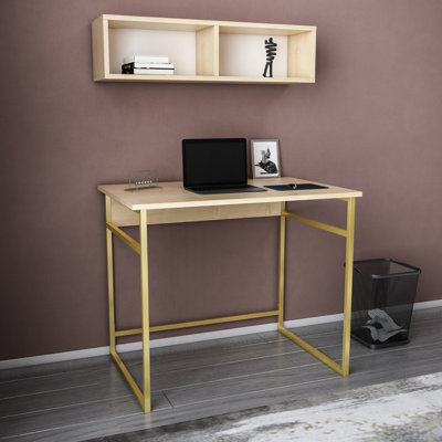 Decorotika Hussum Writing Desk Laptop Desk Floating Shelf Included Gold Oak from B&Q