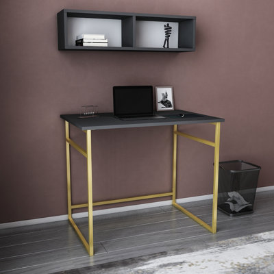Decorotika Hussum Writing Desk Laptop Desk Floating Shelf Included Gold Anthracite from B&Q