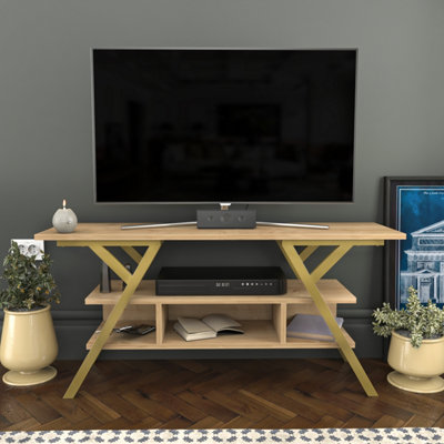 B&Q -  Minerva Tv Stand Tv Unit For Tv's Up To 55 Inch Gold And Oak