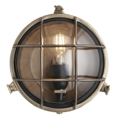 Industville Bulkhead Outdoor & Bathroom Round Wall Light8 InchBrassClear Glass from B&Q