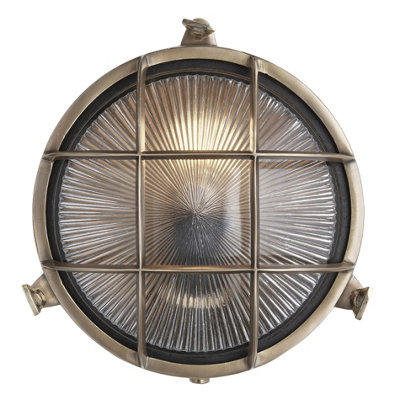 Industville Bulkhead Outdoor & Bathroom Round Wall Light8 InchBrassRibbed Glass from B&Q