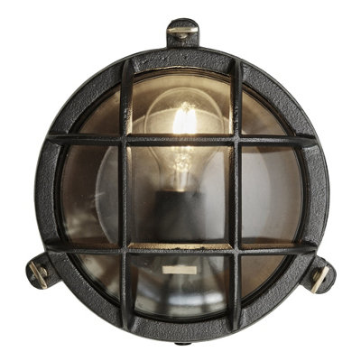 Industville Bulkhead Outdoor & Bathroom Round Wall Light8 InchBlackClear Glass from B&Q